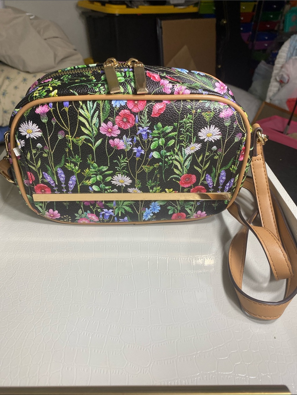 Floral IMAN Crossbody Bag in Black with Tan Trim